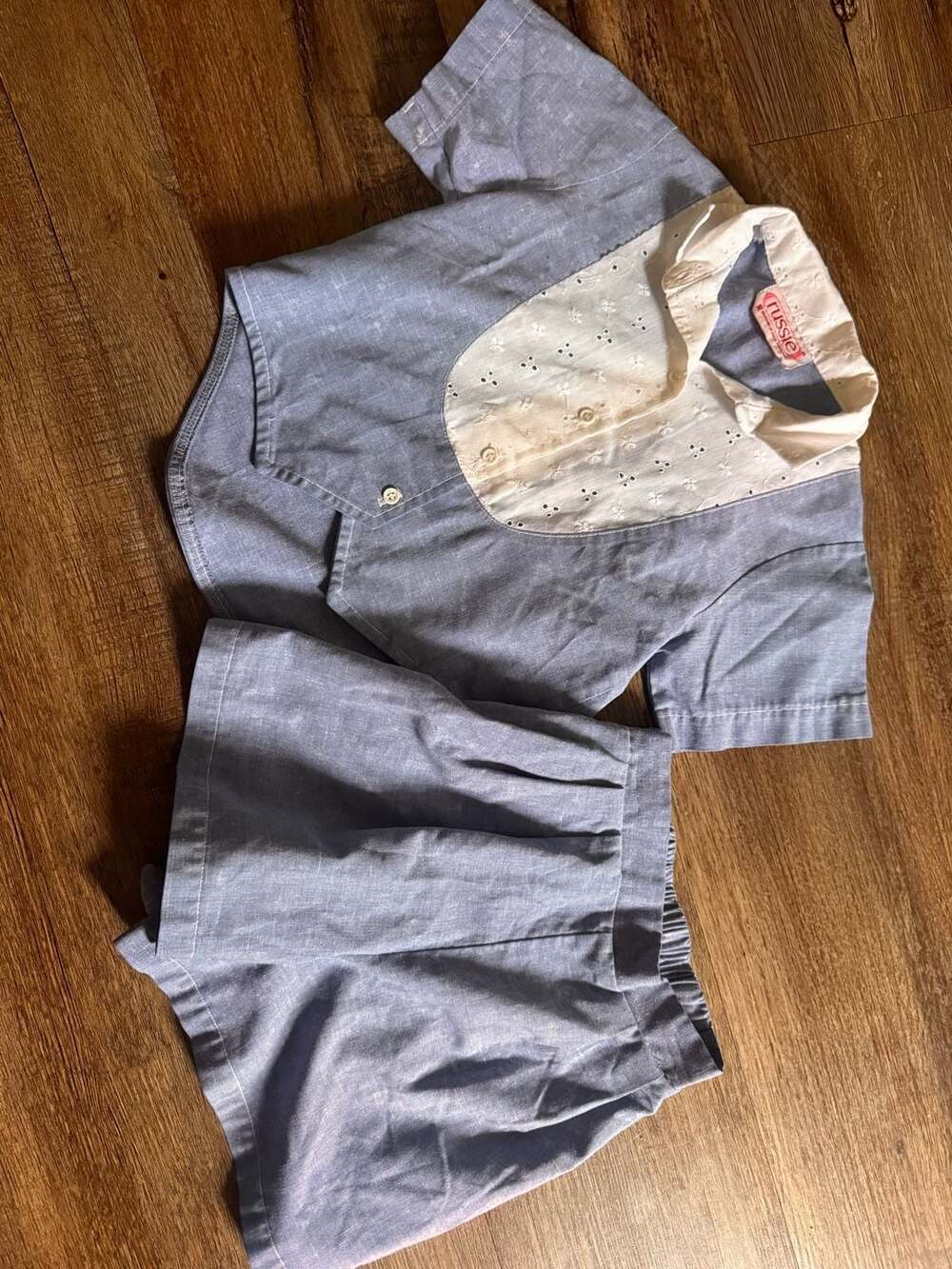 Vintage Russie Blue Chambray Blouse and Shorts Set with Eyelet Detail